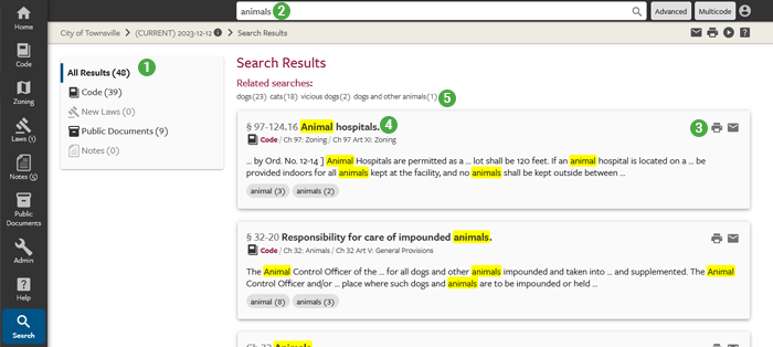 eCode360 screen showing the Search Results for 