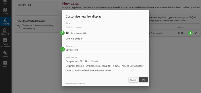 eCode360 screen showing customizing New Laws